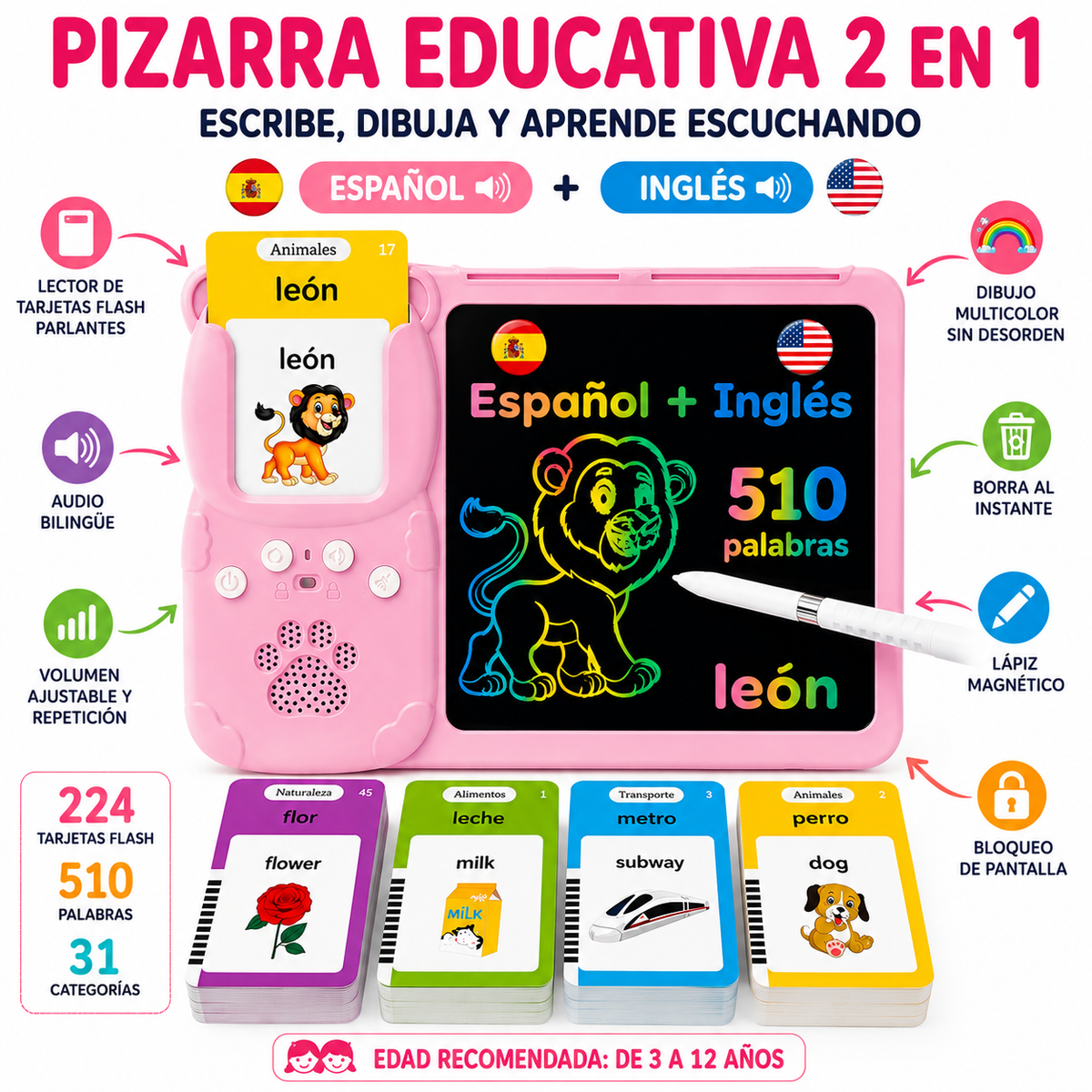 DIVERKIDS™ - Pizarra Educativa 2 en 1 con Tarjetas